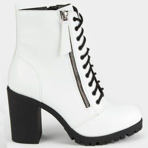 New White Combat Lace Up Platform Lug Sole Ankle Bootie Boot